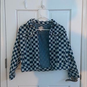 Blue&white checkered jean jacket, 7-8 in kids